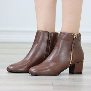 Brown Faux Leather Ankle Boots Side Zipper Low Block Heel Pointed Toe